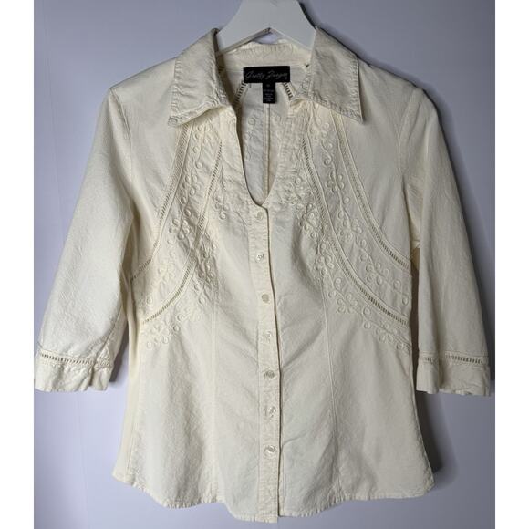 Gretty Zueger Embroidered Top Sz M Cream Boho Granny Coastal Cottagecore - Picture 1 of 11